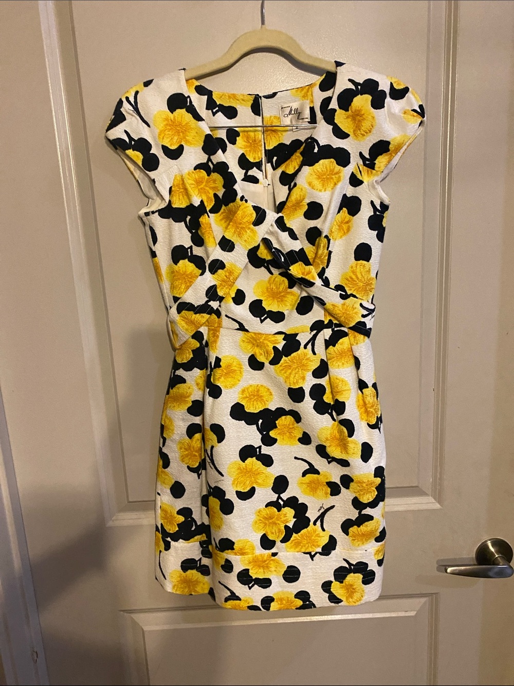 Milly Yellow, Black & White Floral Cap-Sleeve Mini Dress pit to pit 18”
